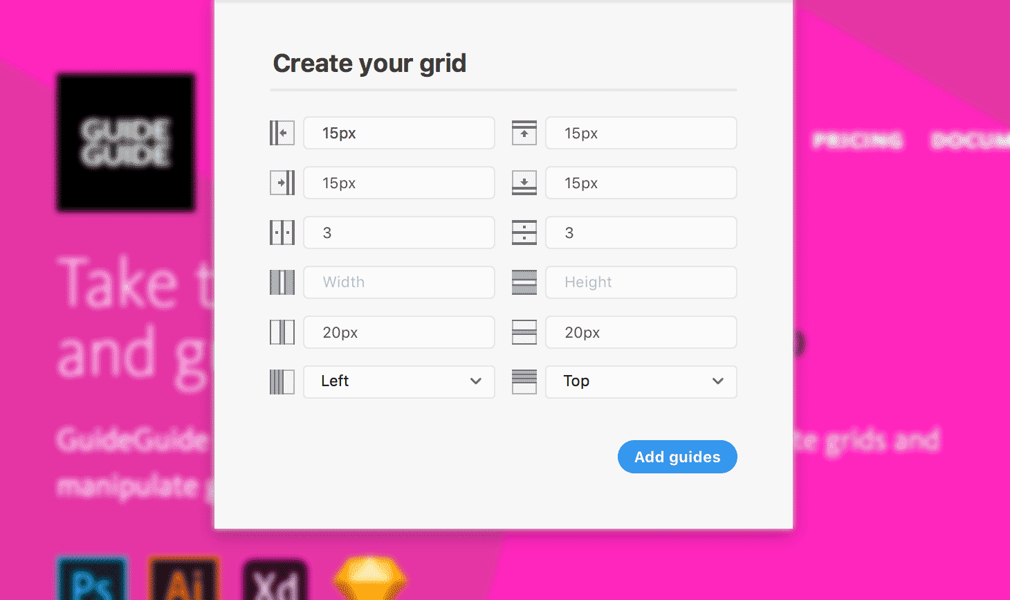 A screenshot showing the GuideGuide grid form over an Adobe XD document.