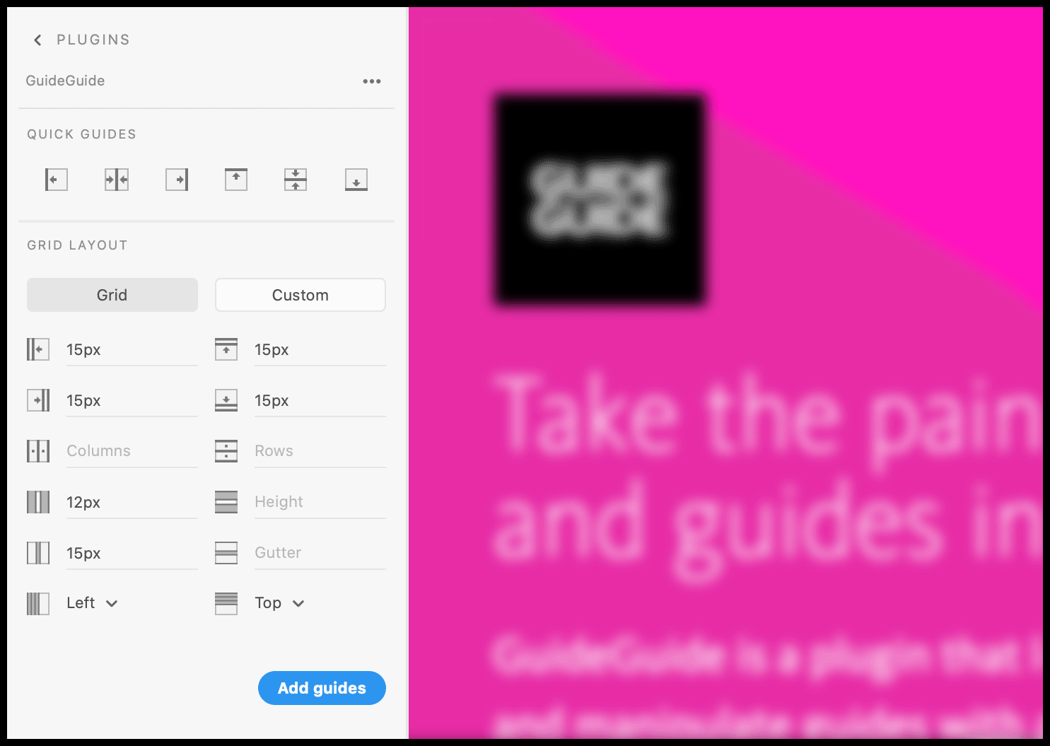 A screenshot showing the GuideGuide panel over an Adobe XD document.